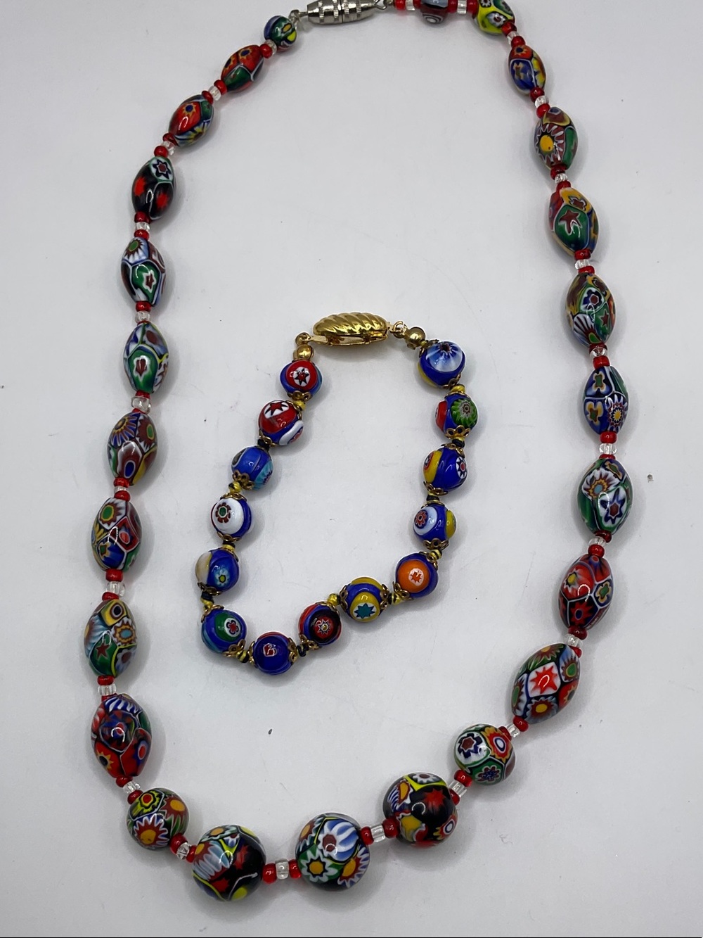 Vintage Multicolor Millefiori Glass Bead Necklace with Matching Bracelet